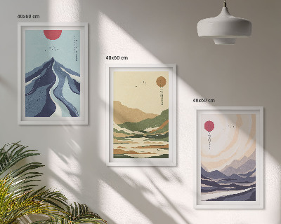 Set de 3 cuadros para salón Montañas en tonos pastel al estilo japonés