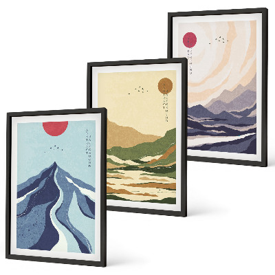 Set de 3 cuadros para salón Montañas en tonos pastel al estilo japonés