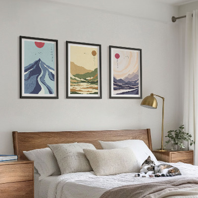 Set de 3 cuadros para salón Montañas en tonos pastel al estilo japonés