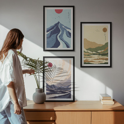 Set de 3 cuadros para salón Montañas en tonos pastel al estilo japonés