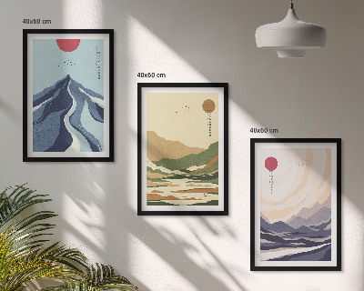 Set de 3 cuadros para salón Montañas en tonos pastel al estilo japonés