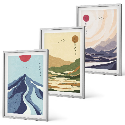 Set de 3 cuadros para salón Montañas en tonos pastel al estilo japonés