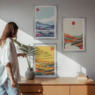 Juego de 3 cuadros Abstracción de río con montañas coloridas