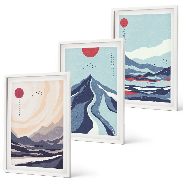Set de 3 cuadros para salón Montañas japonesas abstractas