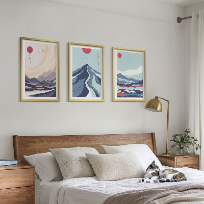 Set de 3 cuadros para salón Montañas japonesas abstractas