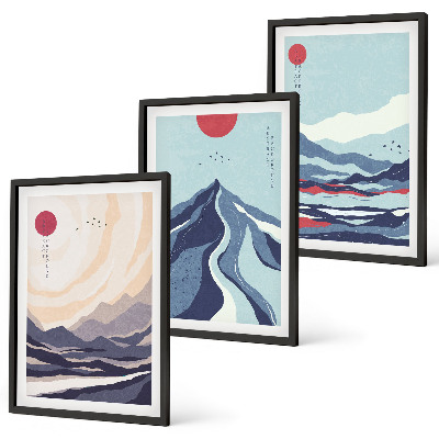 Set de 3 cuadros para salón Montañas japonesas abstractas
