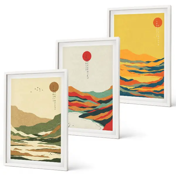 Juego de 3 cuadros con patrones coloridos de montañas estilo Japandi