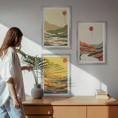 Juego de 3 cuadros con patrones coloridos de montañas estilo Japandi