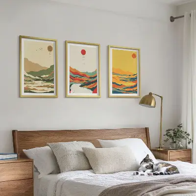 Juego de 3 cuadros con patrones coloridos de montañas estilo Japandi