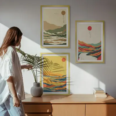 Juego de 3 cuadros con patrones coloridos de montañas estilo Japandi