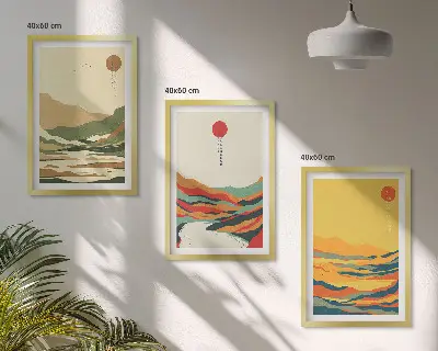 Juego de 3 cuadros con patrones coloridos de montañas estilo Japandi