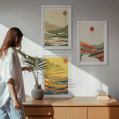 Juego de 3 cuadros con patrones coloridos de montañas estilo Japandi