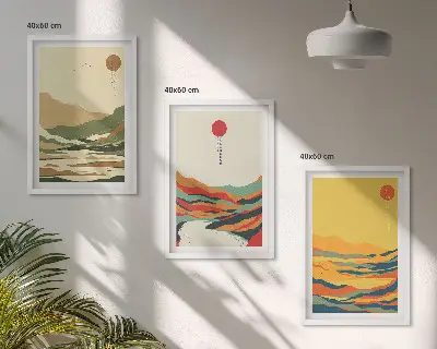 Juego de 3 cuadros con patrones coloridos de montañas estilo Japandi