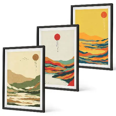 Juego de 3 cuadros con patrones coloridos de montañas estilo Japandi