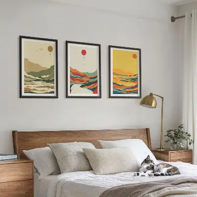 Juego de 3 cuadros con patrones coloridos de montañas estilo Japandi