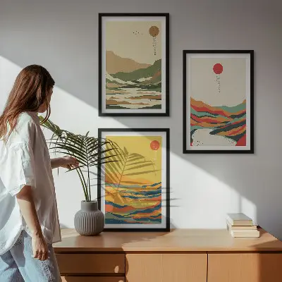 Juego de 3 cuadros con patrones coloridos de montañas estilo Japandi