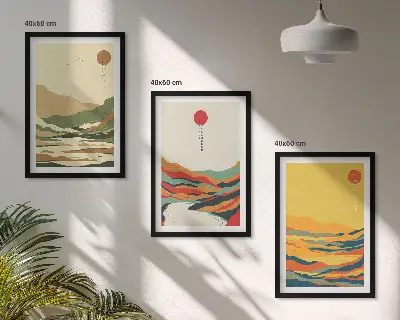 Juego de 3 cuadros con patrones coloridos de montañas estilo Japandi