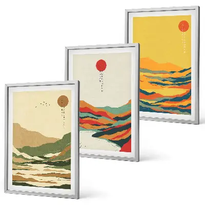Juego de 3 cuadros con patrones coloridos de montañas estilo Japandi