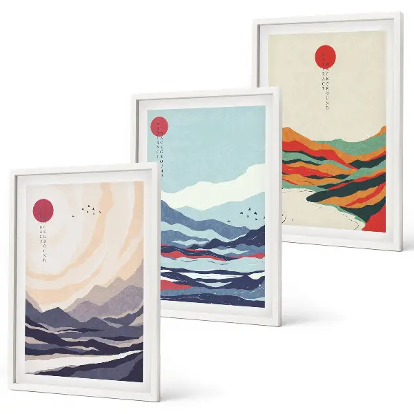 Set de 3 cuadros de abstracciones de montañas japonesas para salón