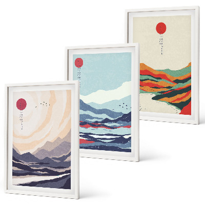 Set de 3 cuadros para salón abstracciones de montañas japonesas