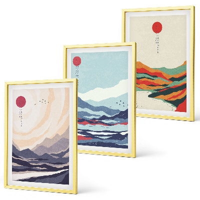 Set de 3 cuadros para salón abstracciones de montañas japonesas