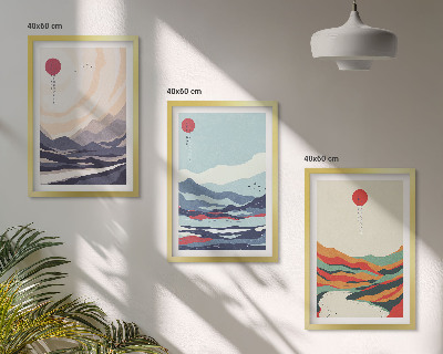 Set de 3 cuadros para salón abstracciones de montañas japonesas