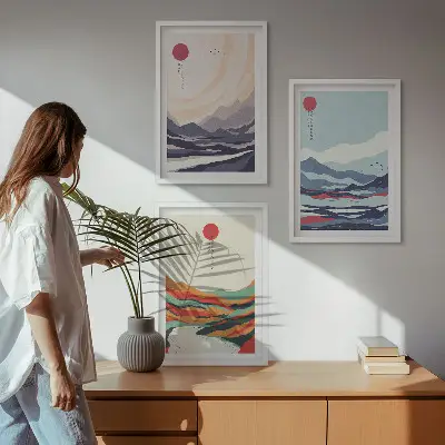 Set de 3 cuadros de abstracciones de montañas japonesas para salón