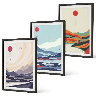 Set de 3 cuadros de abstracciones de montañas japonesas para salón