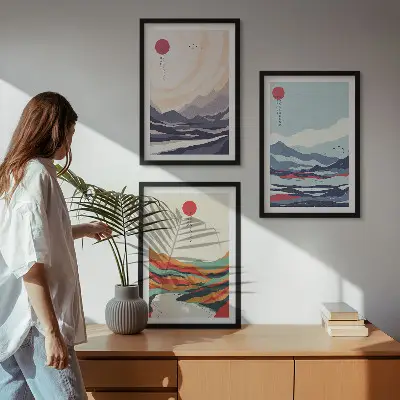 Set de 3 cuadros de abstracciones de montañas japonesas para salón