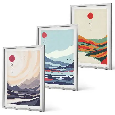 Set de 3 cuadros de abstracciones de montañas japonesas para salón