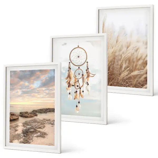 Set de 3 cuadros para salón diseño de mar de nubes y atrapasueños con hierba
