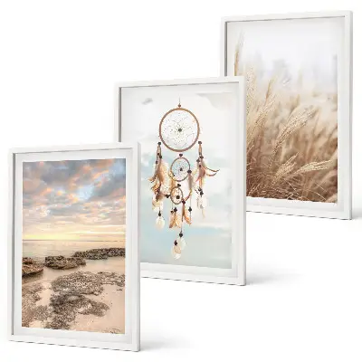 Set de 3 cuadros para salón diseño de mar de nubes y atrapasueños con hierba