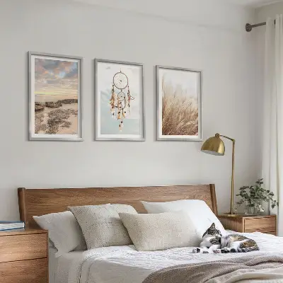 Set de 3 cuadros para salón diseño de mar de nubes y atrapasueños con hierba