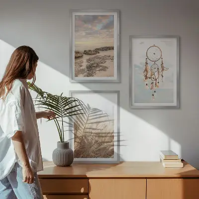 Set de 3 cuadros para salón diseño de mar de nubes y atrapasueños con hierba