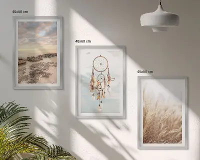 Set de 3 cuadros para salón diseño de mar de nubes y atrapasueños con hierba