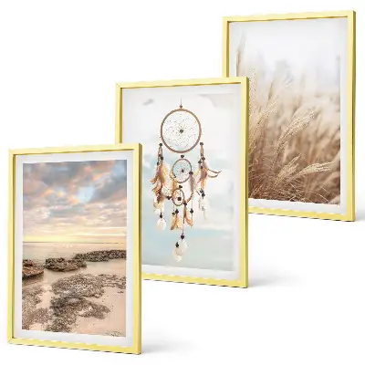 Set de 3 cuadros para salón diseño de mar de nubes y atrapasueños con hierba