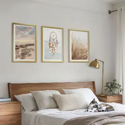 Set de 3 cuadros para salón diseño de mar de nubes y atrapasueños con hierba