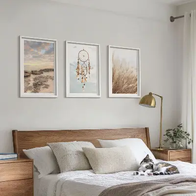 Set de 3 cuadros para salón diseño de mar de nubes y atrapasueños con hierba