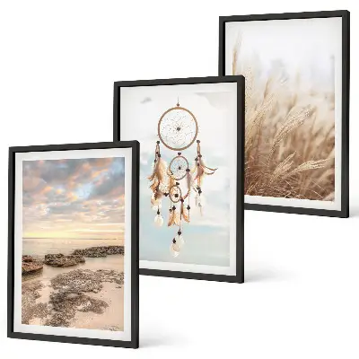 Set de 3 cuadros para salón diseño de mar de nubes y atrapasueños con hierba