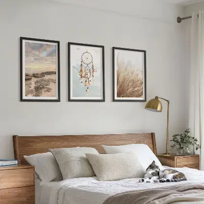 Set de 3 cuadros para salón diseño de mar de nubes y atrapasueños con hierba