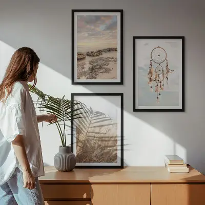 Set de 3 cuadros para salón diseño de mar de nubes y atrapasueños con hierba