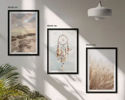 Set de 3 cuadros para salón diseño de mar de nubes y atrapasueños con hierba