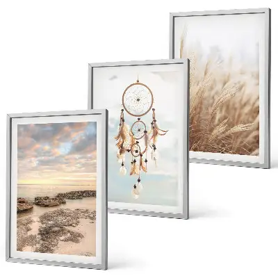 Set de 3 cuadros para salón diseño de mar de nubes y atrapasueños con hierba