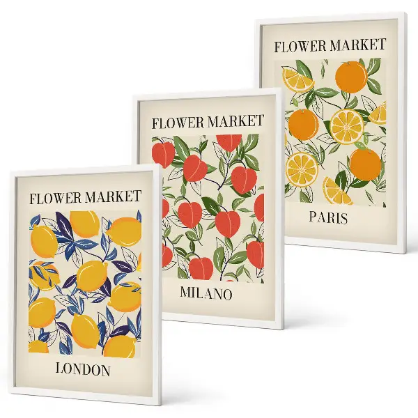 Set de 3 cuadros de flores diseño con temática de ciudades para salón