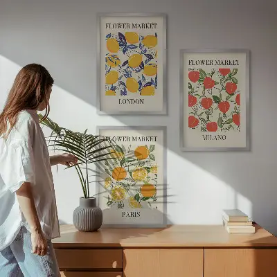 Set de 3 cuadros de flores diseño con temática de ciudades para salón