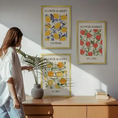 Set de 3 cuadros de flores diseño con temática de ciudades para salón