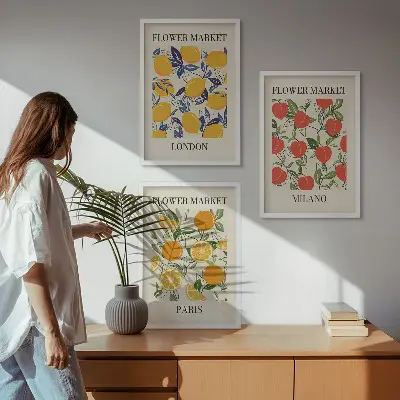 Set de 3 cuadros de flores diseño con temática de ciudades para salón