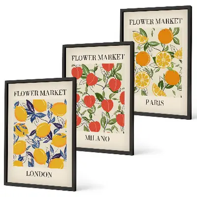 Set de 3 cuadros de flores diseño con temática de ciudades para salón