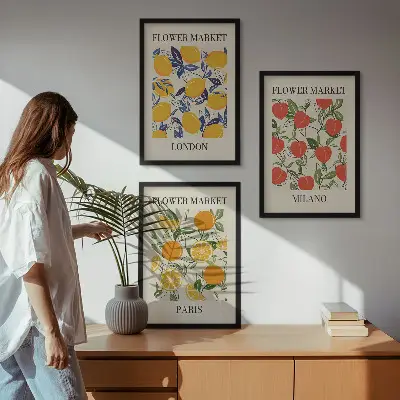 Set de 3 cuadros de flores diseño con temática de ciudades para salón