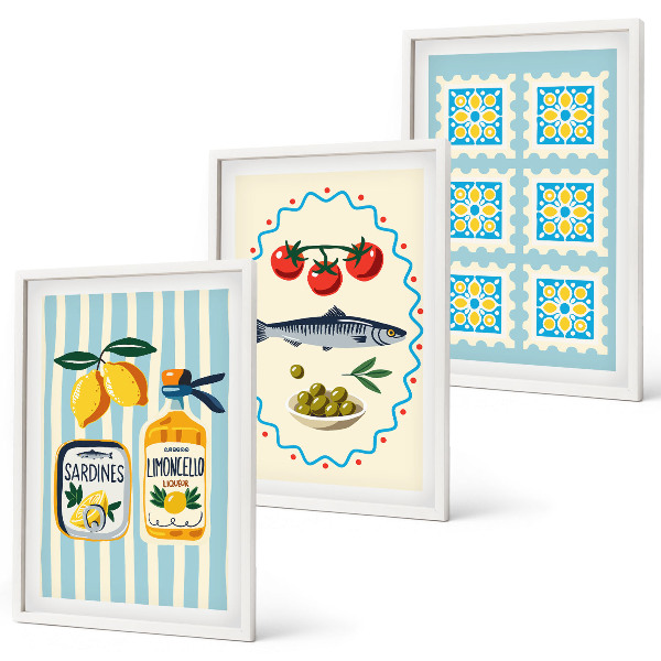 Juego de 3 cuadros Ilustraciones de cocinas de estilo mediterráneo